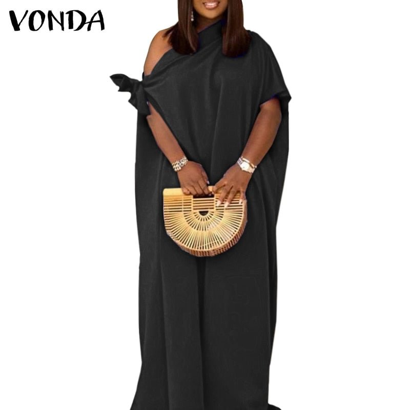 Satin Dress VONDA Women Casual Solid Pleated Long Maxi Dresses Loose Shorts Sleeve Party Robes Longue Sundress