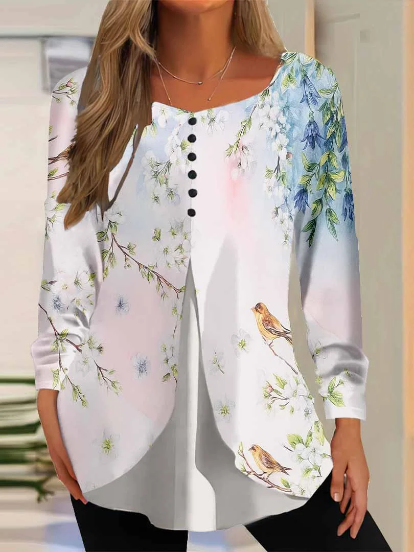 Women Floral,Blue DZGG8308 Long Sleeve Scoop Neck Printed Graphic Button Fake 2in1 Tops