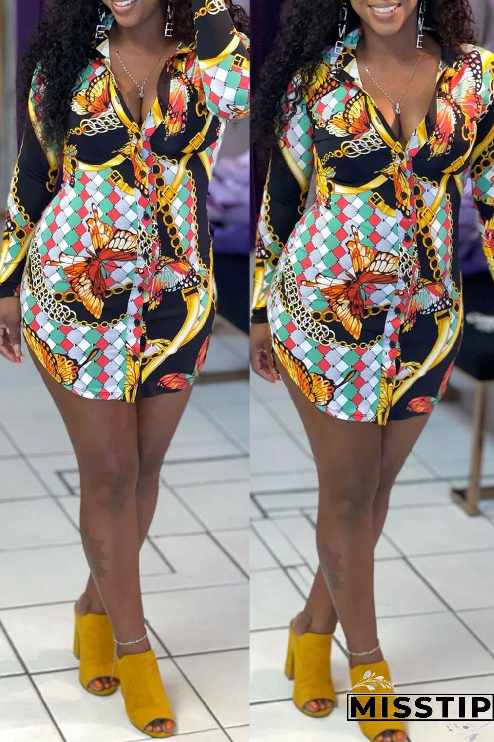 Black Fashion Casual Print Basic Turndown Collar Long Sleeve Dresses
