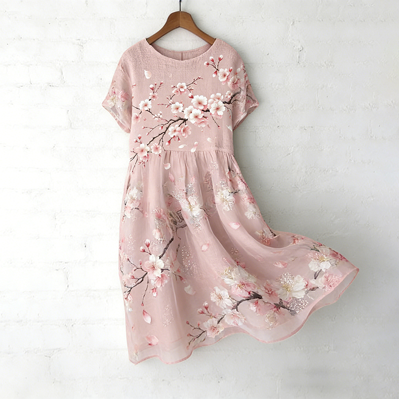 Women's Japanese Sakura Art Print Round Neck Short Sleeve Midi Dress wearshes