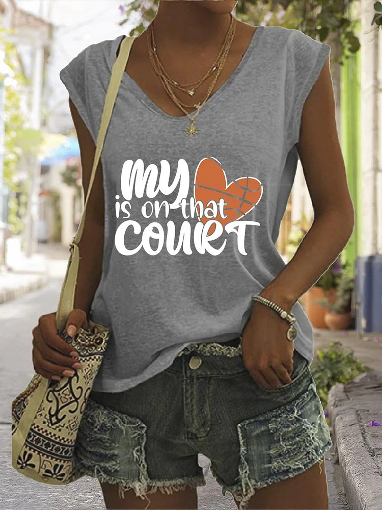 My Heart Is On That Court Basketball V Neck T-shirt Tees-Annaletters