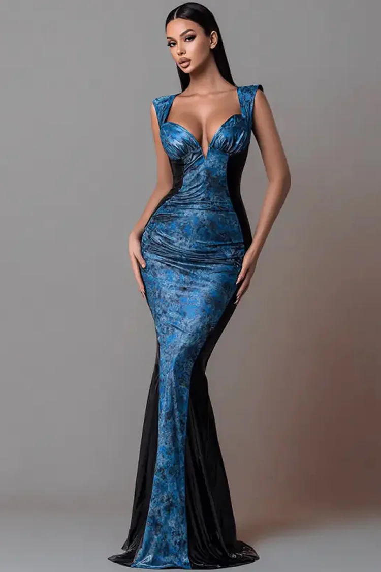 Colorblock Floral Mermaid Maxi Dress-Dark Blue [Custom-Made]