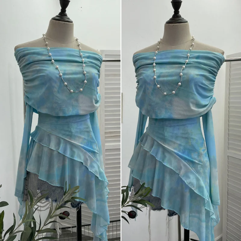 Nigikala Nigikala And Spicy Shoulder Dyed Printing Mesh Long-Sleeved Coat Folds Irregular Ribbon T-Shirt 9997