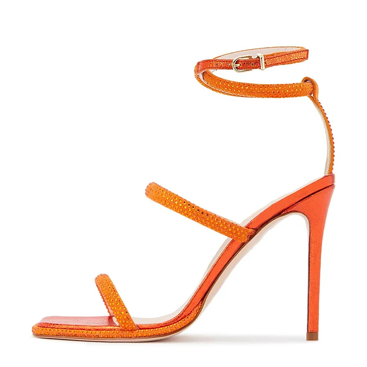Orange Square Toe Rhinestone Shoes Women's Stiletto Heel Satin Sandals |FSJ Shoes