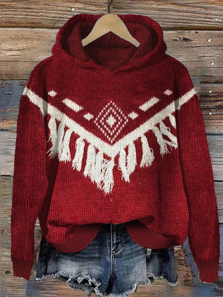  Western Aztec Tassels Cozy Knit Hoodie Westsshops