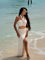 Eslicerpro Knitted 3D Crochet Flower Skirt Sets For Women 2Pcs Halter Backless Crop Tops Elegant Women's Set Split Bodycon Sexy Beach Skirt