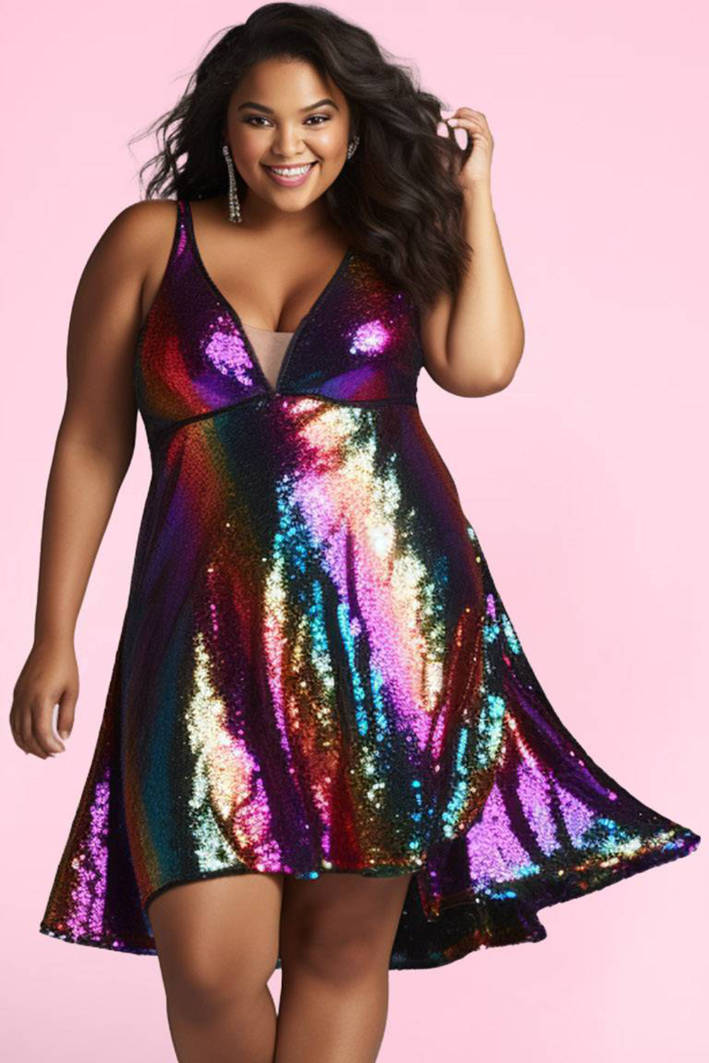 Design Plus Size Party Multicolor Rainbow Colorblock Glitter V Neck Mini Dresses [Pre-Order]