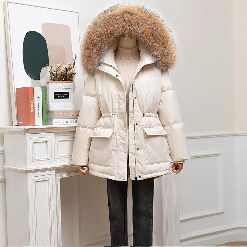 FTLZZ New Winter Women Thick Warm Large Real Fur Hooded Down Jacket 90% White Duck Down Coat Waist Retractable Parker Overcoat