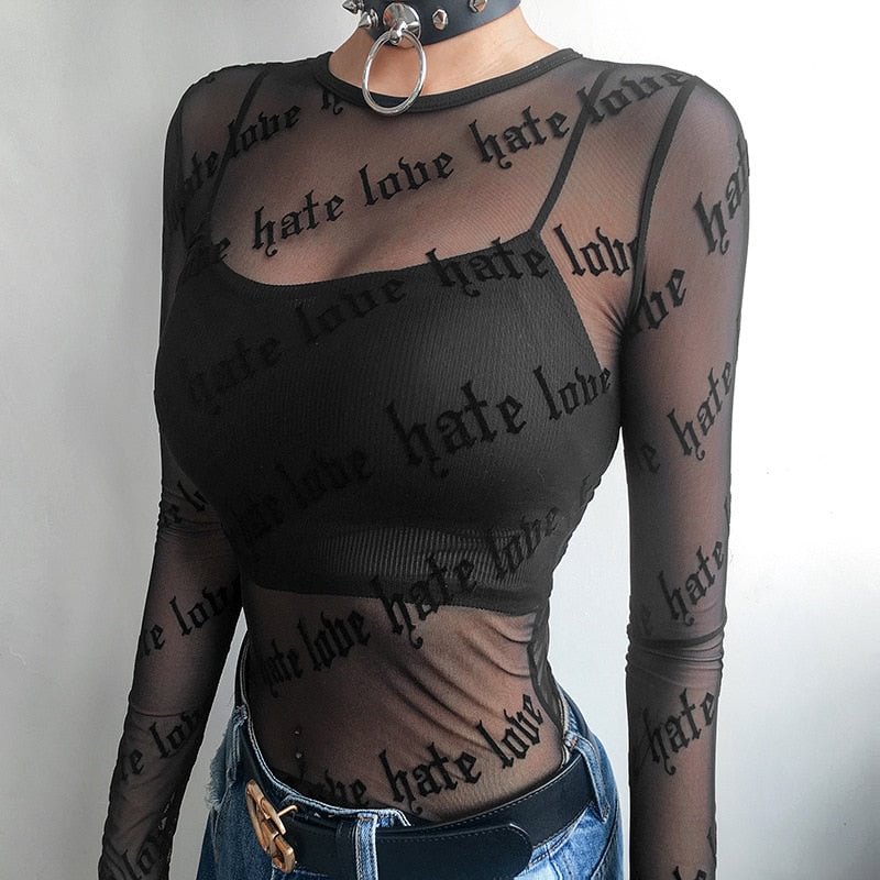 Sexy Women Mesh T-Shirts See-Through Perspective Tshirt Letter Printed O Neck Transparent Long Sleeve T Shirt Tops Women
