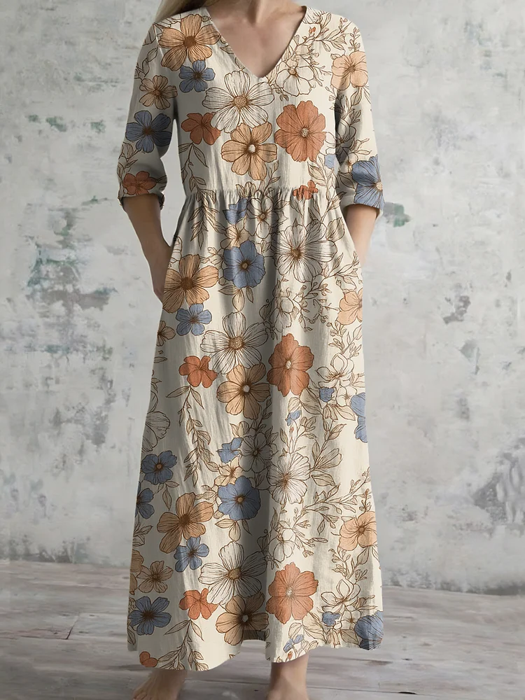 Women's V-neck Floral Print Cotton Dress