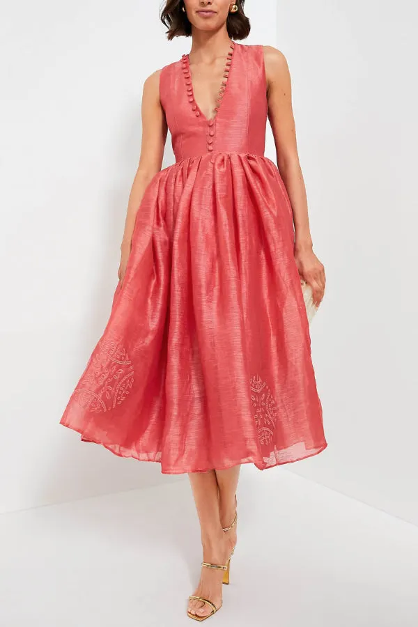 Exquisite Embroidered V-Neck Slim Midi Dress
