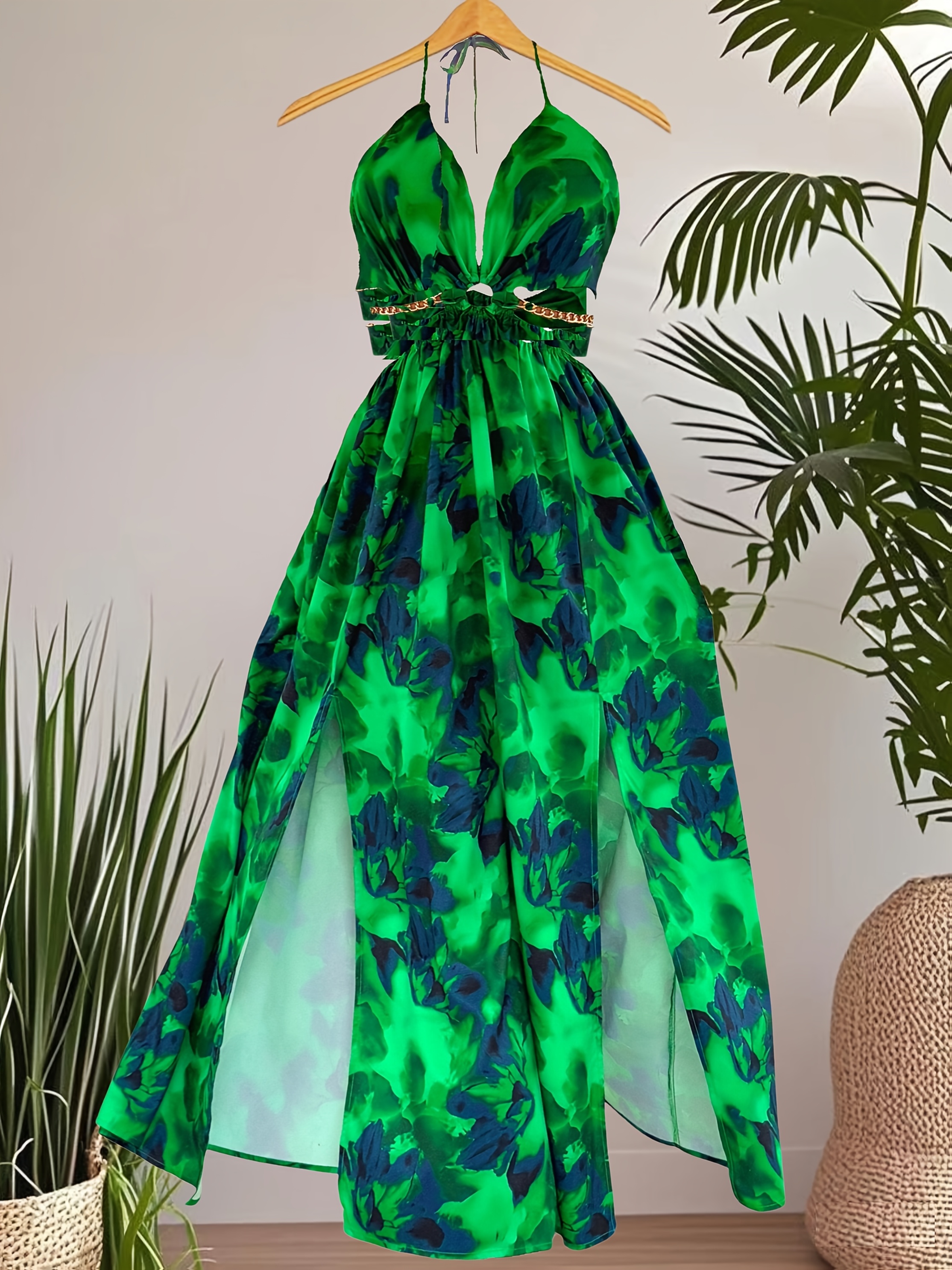 Pink Summer Tropical Floral Halter Maxi Dress | Cutout Front Design, Palm Print, Beach Dress | IFYHOME