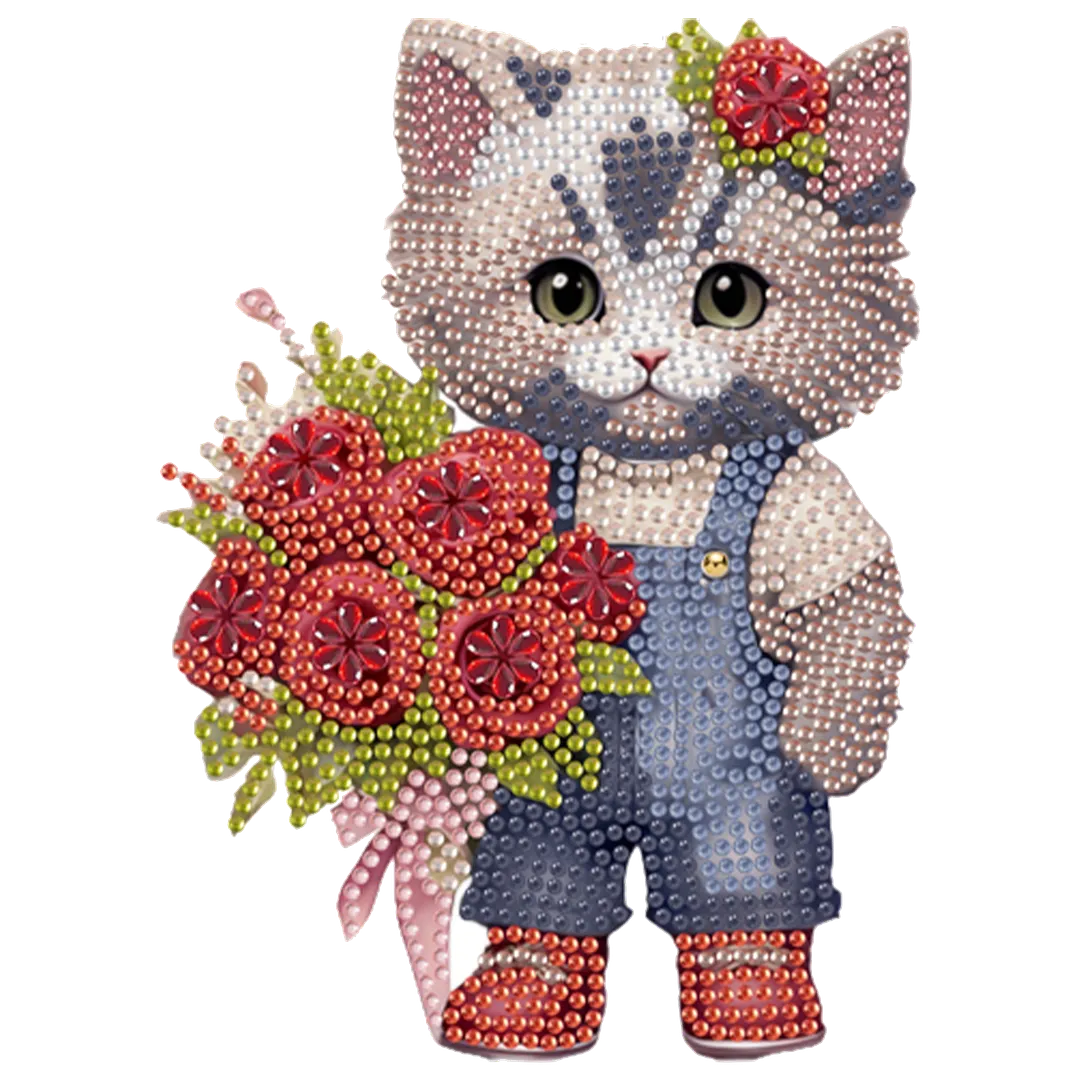 Cat Rose DIY 2D Flat Acrylic Desktop Diamond Art Kit with Rocking Function Decor