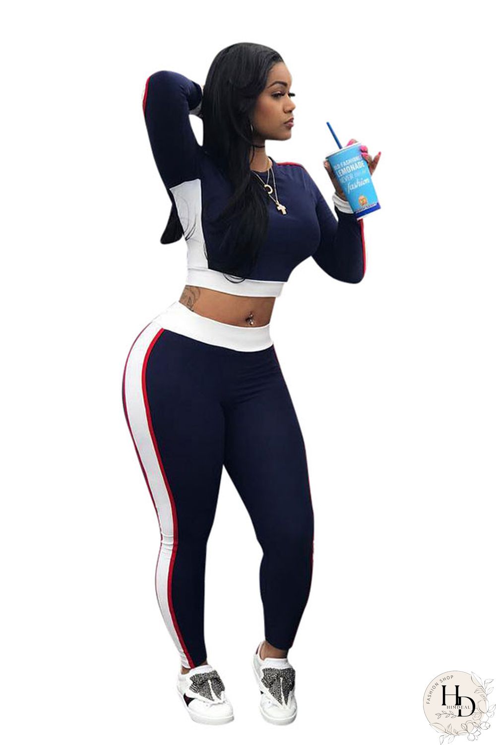 Navy Blue Elastic Fly Long Sleeve Mid Patchwork pencil Pants Two-piece suit