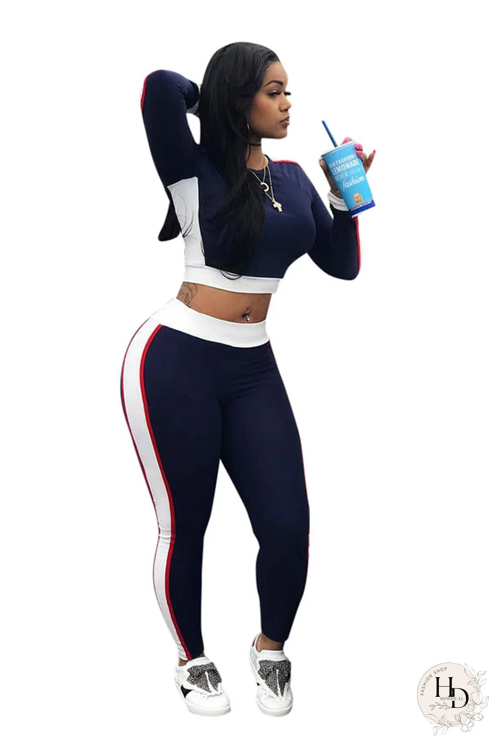 Navy Blue Elastic Fly Long Sleeve Mid Patchwork pencil Pants Two-piece suit