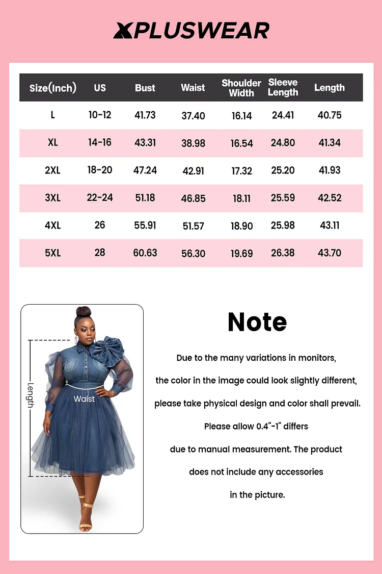Xpluswear Design Plus Size Semi Formal Tulle Blue Shirt Collar Long Sleeve 3D Elegant See Through Denim Midi Dresses