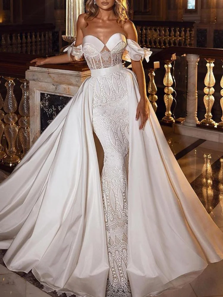 Sexy cutout off shoulder solid white paneled lace wedding dress-zachics