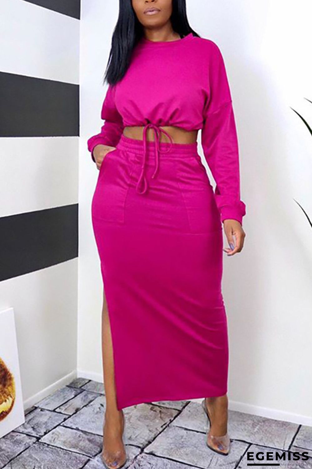 Rose Red Fashion Casual Solid Slit O Neck Long Sleeve Two Pieces | EGEMISS