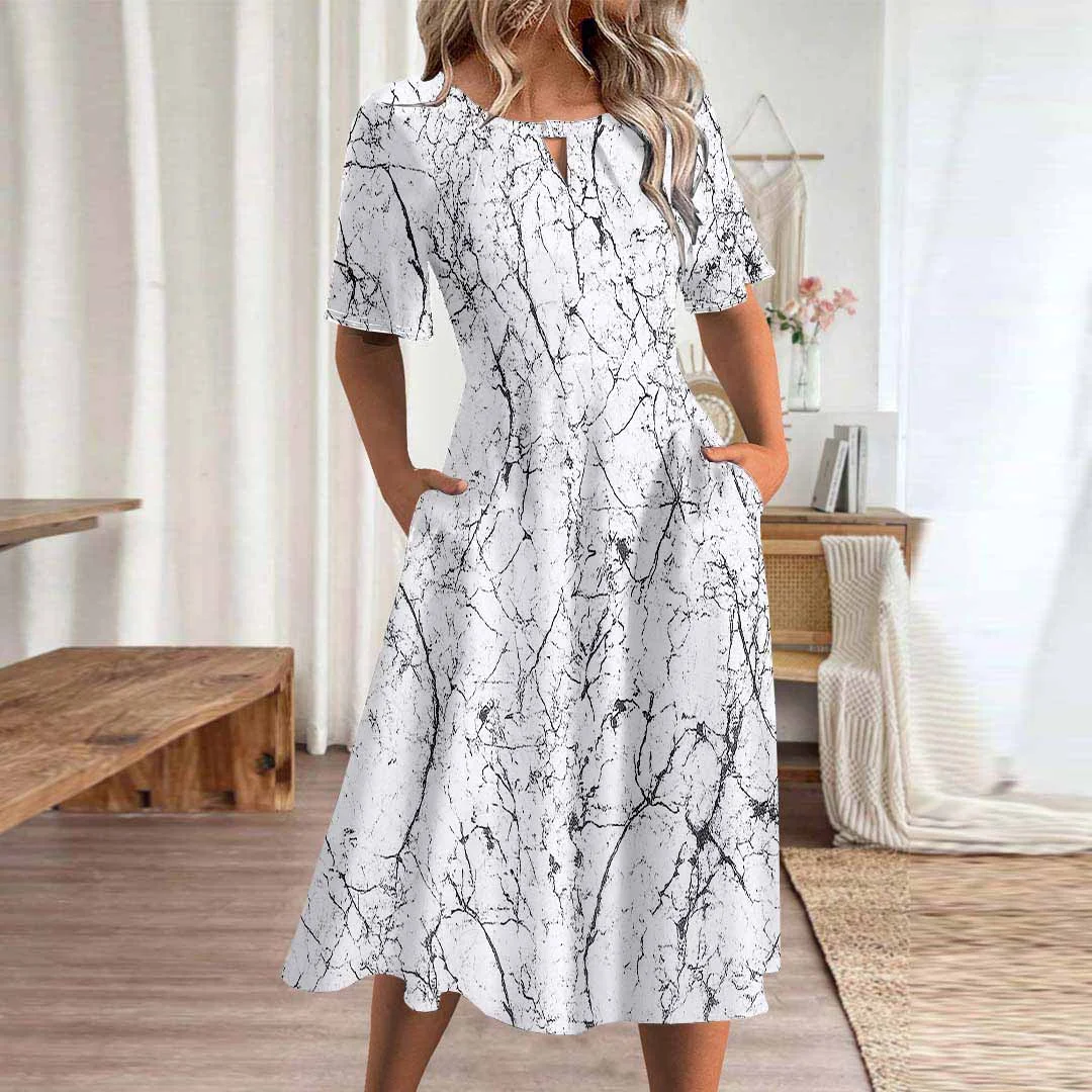 Women Striped,White DZHA8094 Short Sleeve Scoop Neck Graphic Printed Hollow Midi Dress