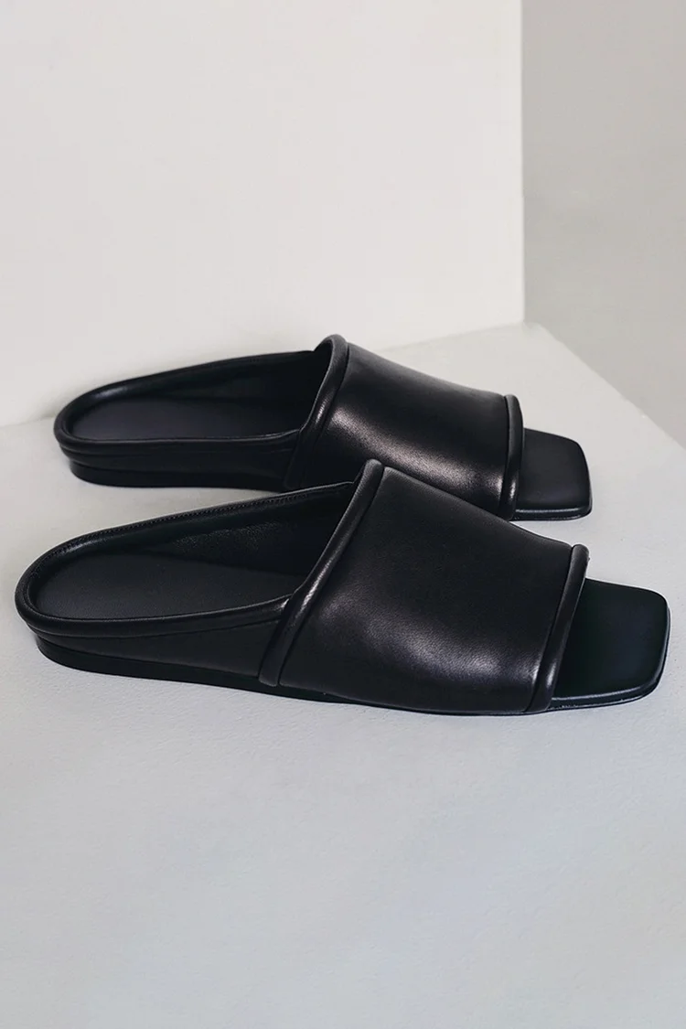 Solid Color Patchwork Square Toe Casual Leather Beach Slippers