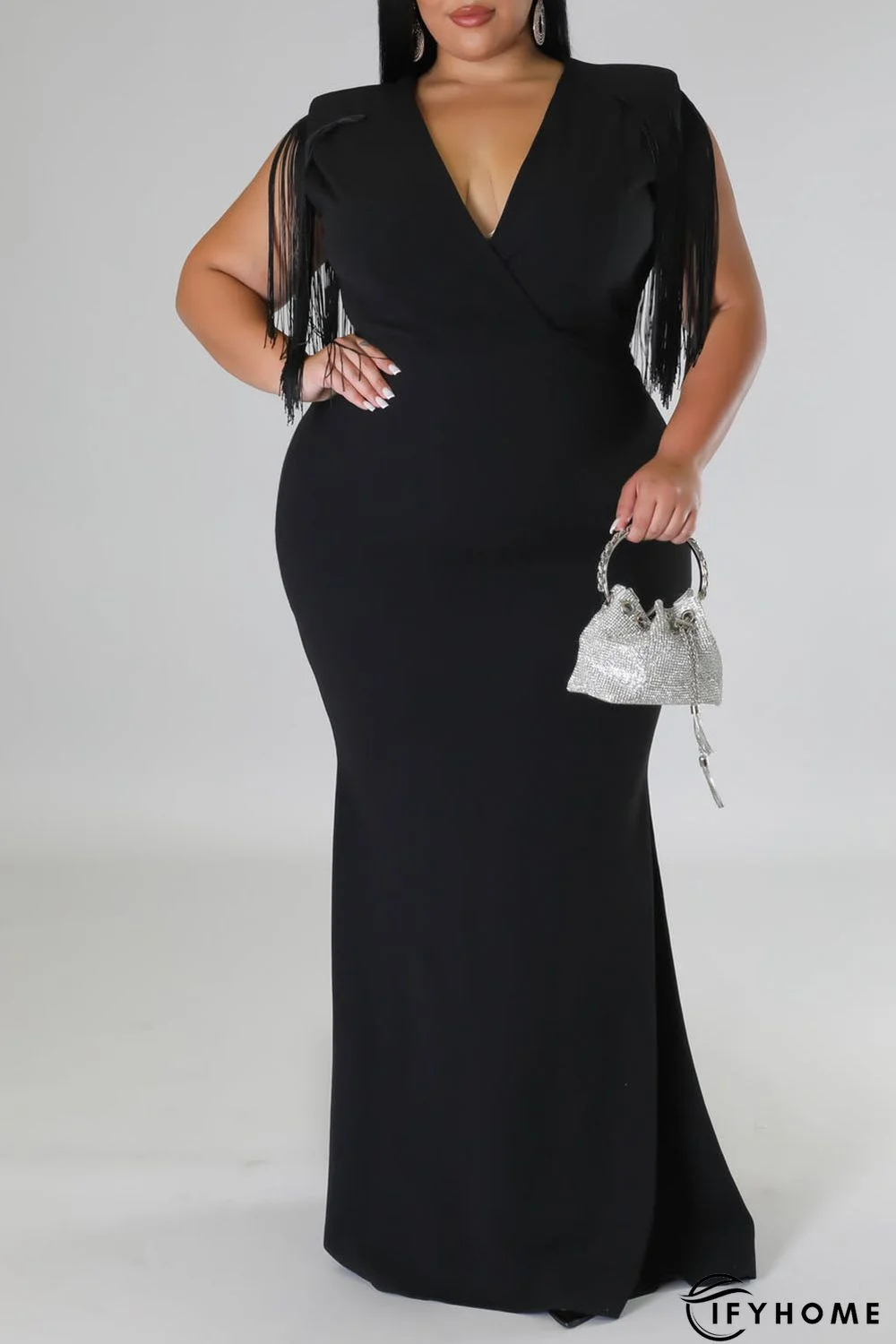 Black Plus Size Surplice V Neck Fringe Formal Maxi Dress | IFYHOME