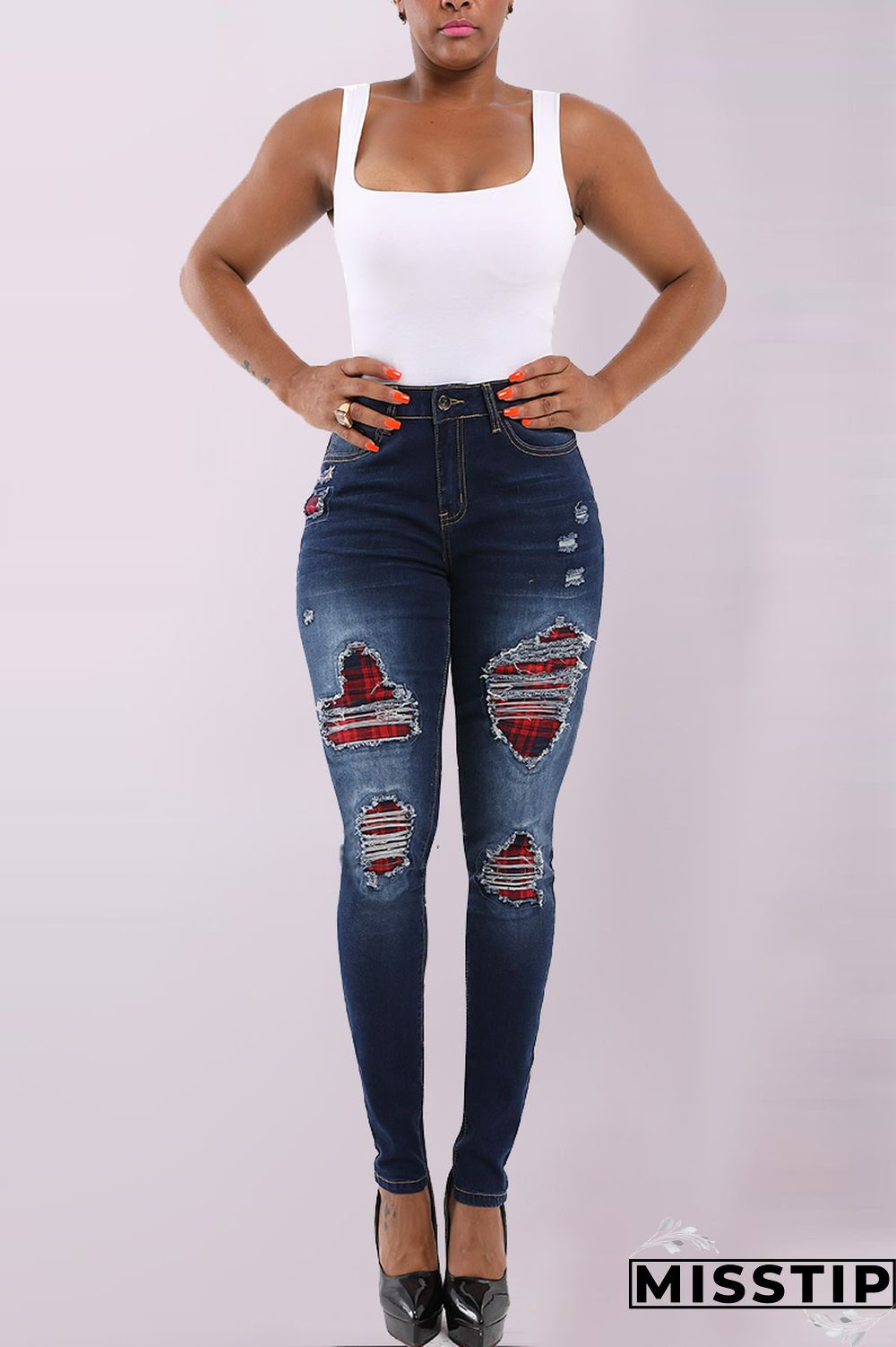 Dark Blue Denim Zipper Fly Mid Old Zippered washing pencil Pants Pants