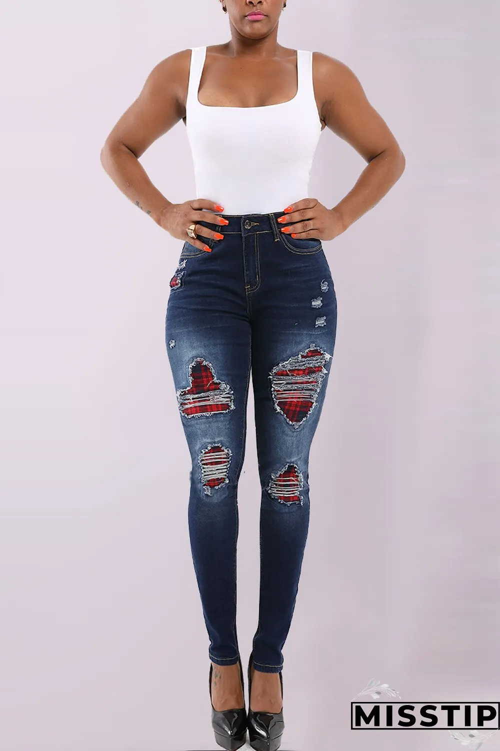 Dark Blue Denim Zipper Fly Mid Old Zippered washing pencil Pants Pants