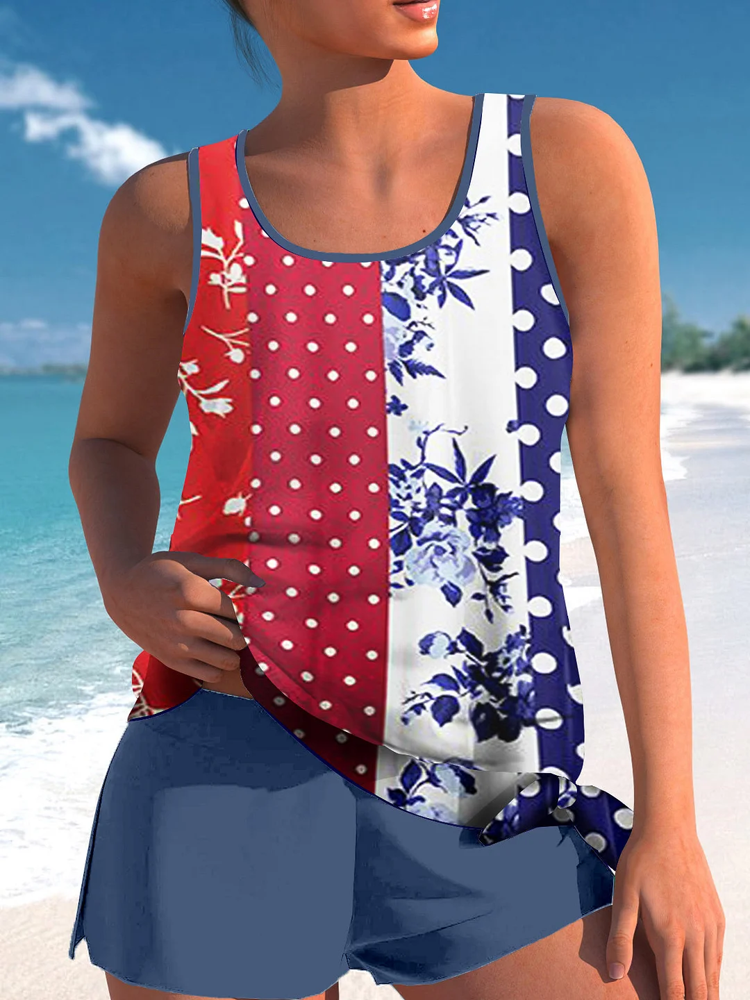 Bowknot Blue Floral Printed Mid Waisted Tankini Set - Plus Size Available