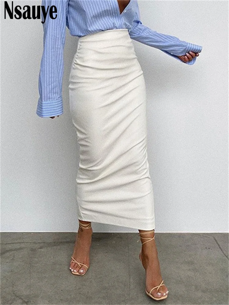 Nsauye 2021 Fashion Women Black White PU Leather Long Skinny Skirt Sexy Club Y2K High Waisted Split Skirt Autumn Winter 2021