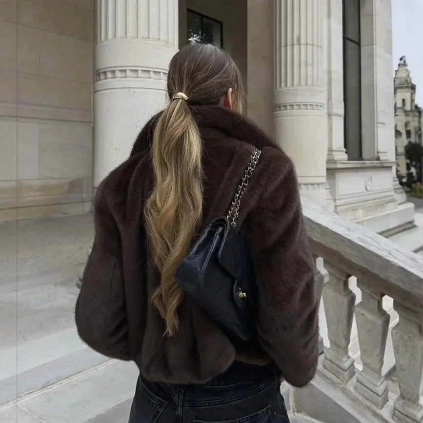 Nigikala Nigikala Women's Clothing Explosion High Street Fashion Faux Fur Effect Collared Long-Sleeved Coat