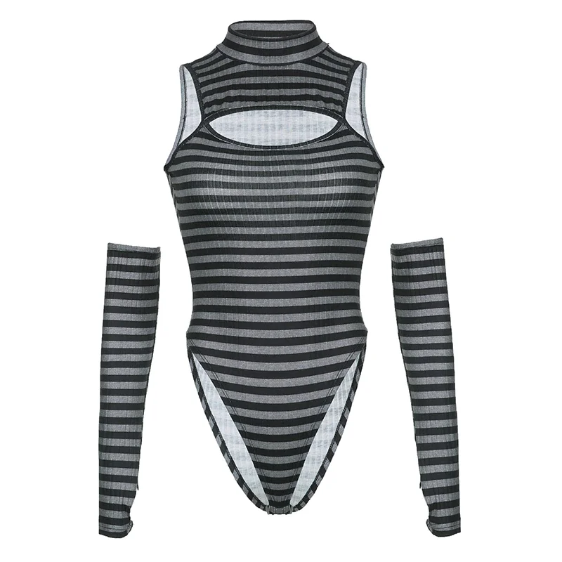 Churchf Striped Off Shoulder Bodysuit Rave Festival Clothing Sexy Hollow Out Romper For Women Fall Outfits Grunge Bodysuits