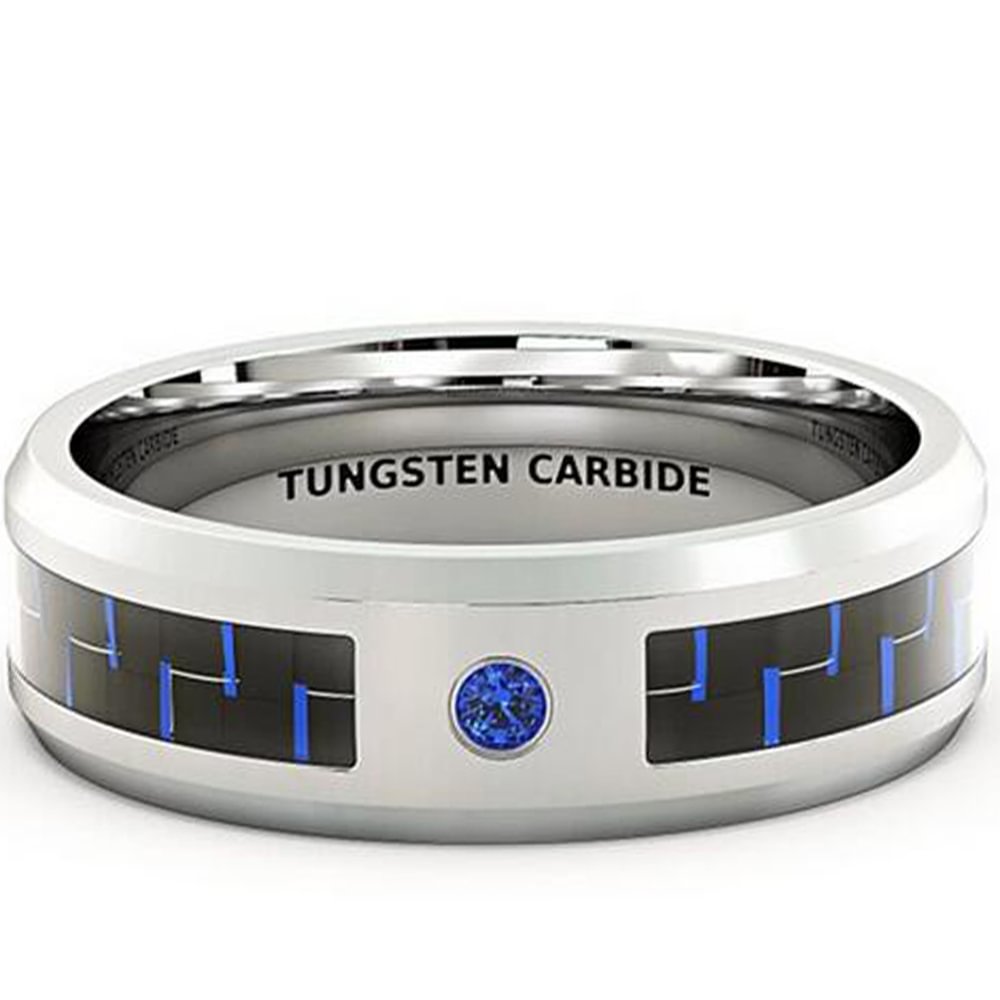 Men's Cubic Zirconia Wedding Band Silver Tungsten Rings Carbon Fiber Inlay
