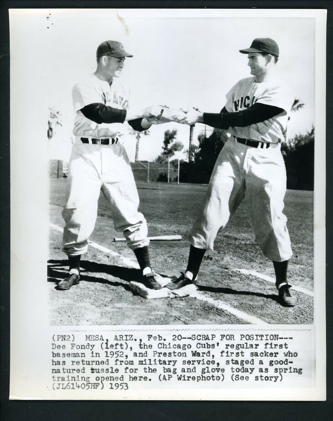 Dee Fondy & Preston Ward battle for first base job 1953 Press Photo Poster painting Chicago Cubs