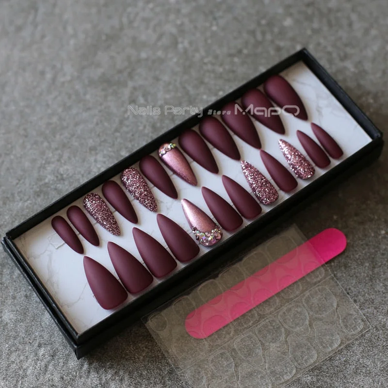 Stiletto Nude Fake nails Rose metal crystal false nails red glitter full set long go custom Salon Burgundy press on nails-Nail Inspo
