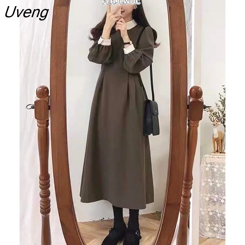 Uveng Chic Korea Fashion Clothes Fenimine Vestidos Women Long Sleeve Elegant Office Lady Vintage White Color Retro Dress