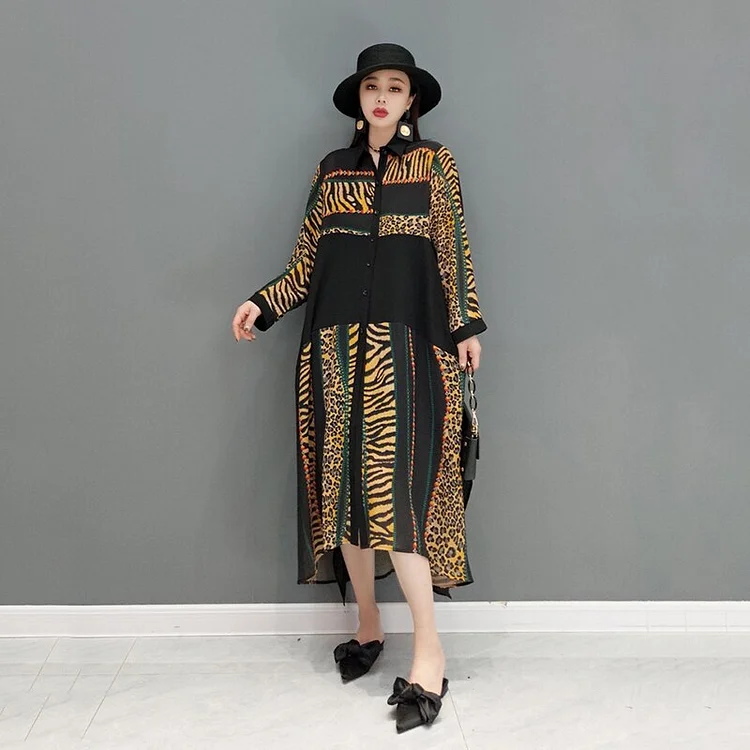   Vogue Leopard And Tiger Stripes Print Contrast Color Splicing Single Breasted Shirt Dress