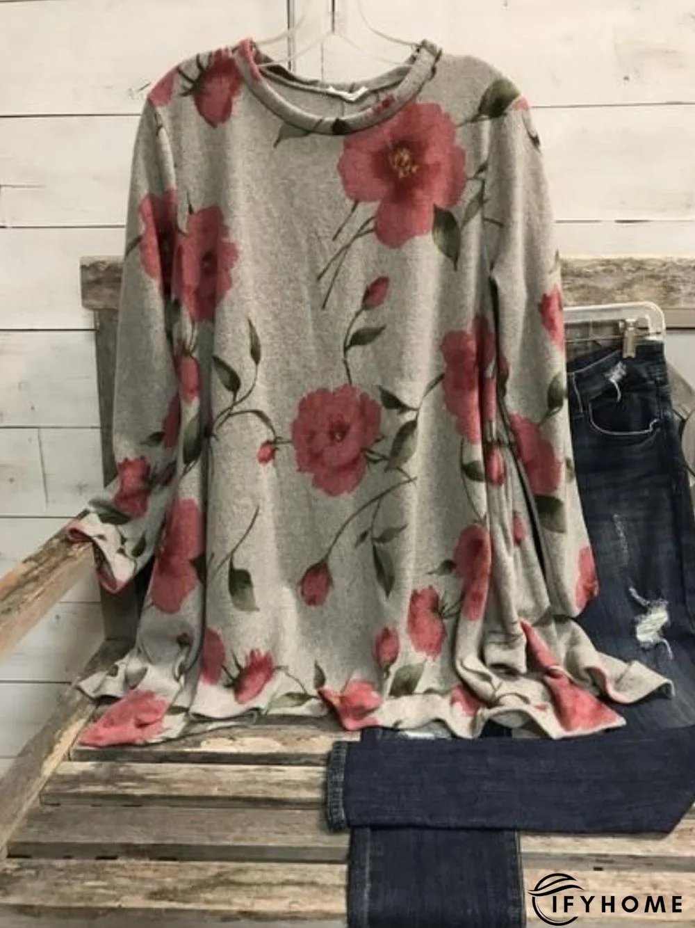 Casual Long Sleeve Round Neck Printed Tunic Top | IFYHOME