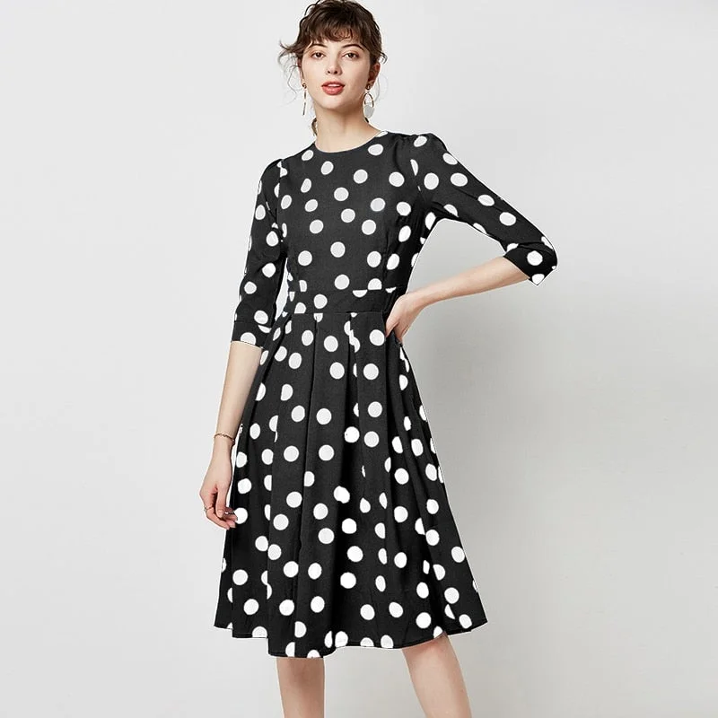 Elegant Polka Dot Dresses Women 2019 Autumn Casual A-line Midi Office  Vintage O Neck Dress