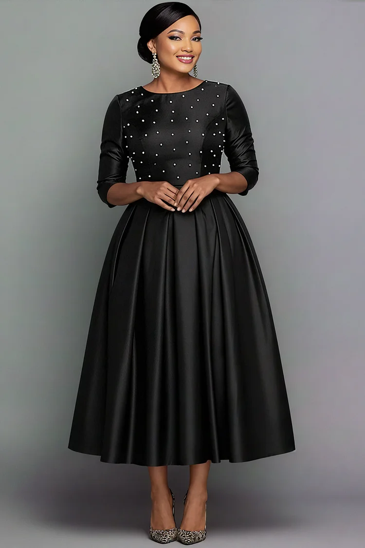 Xpluswear Design Plus Size Formal Black Round Neck Long Sleeve Pearls Elegant Pocket Satin Midi Dresses [Pre-Order]