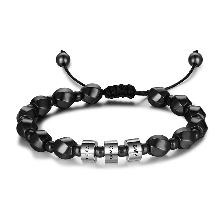 Personalized Black Gallstone Bracelet Engraves 3 Names Beads Warp Bracelet