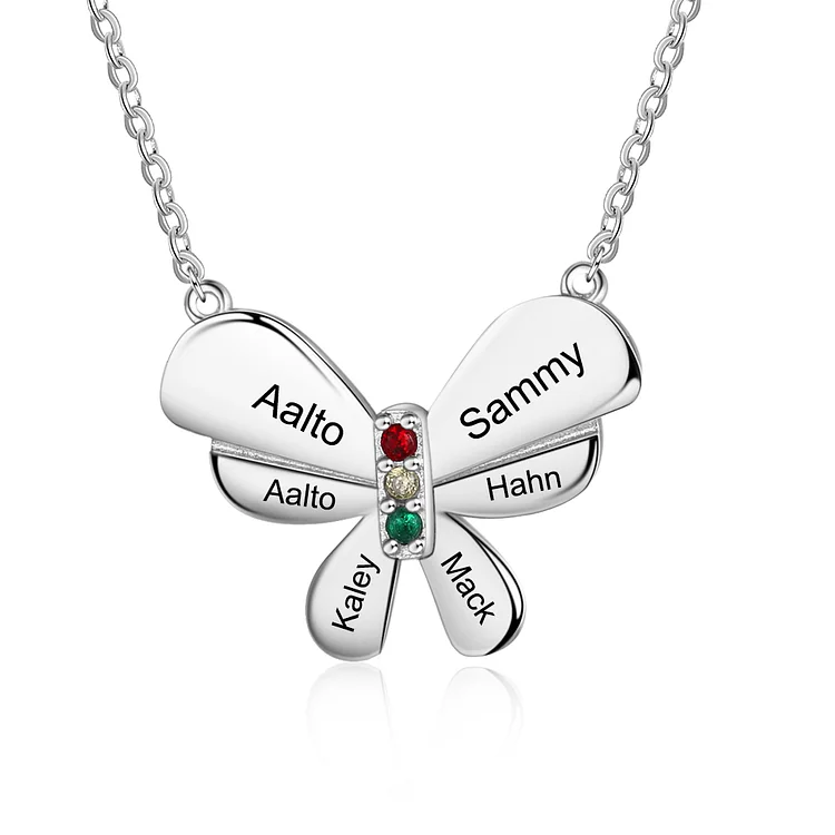 Personalized Butterfly Necklace Custom 6 Names and 3 Birthstones Necklace for Famliy