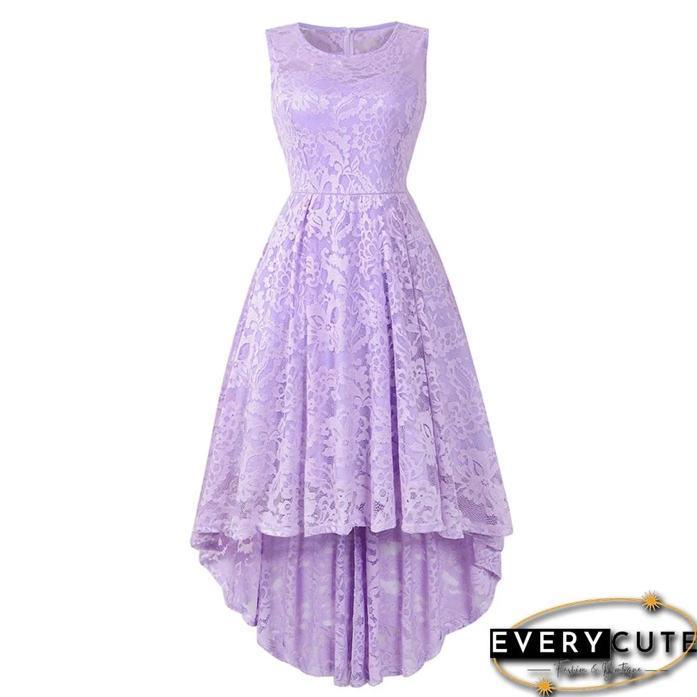 Light Purple Sleeveless High Low Lace Evening Dress