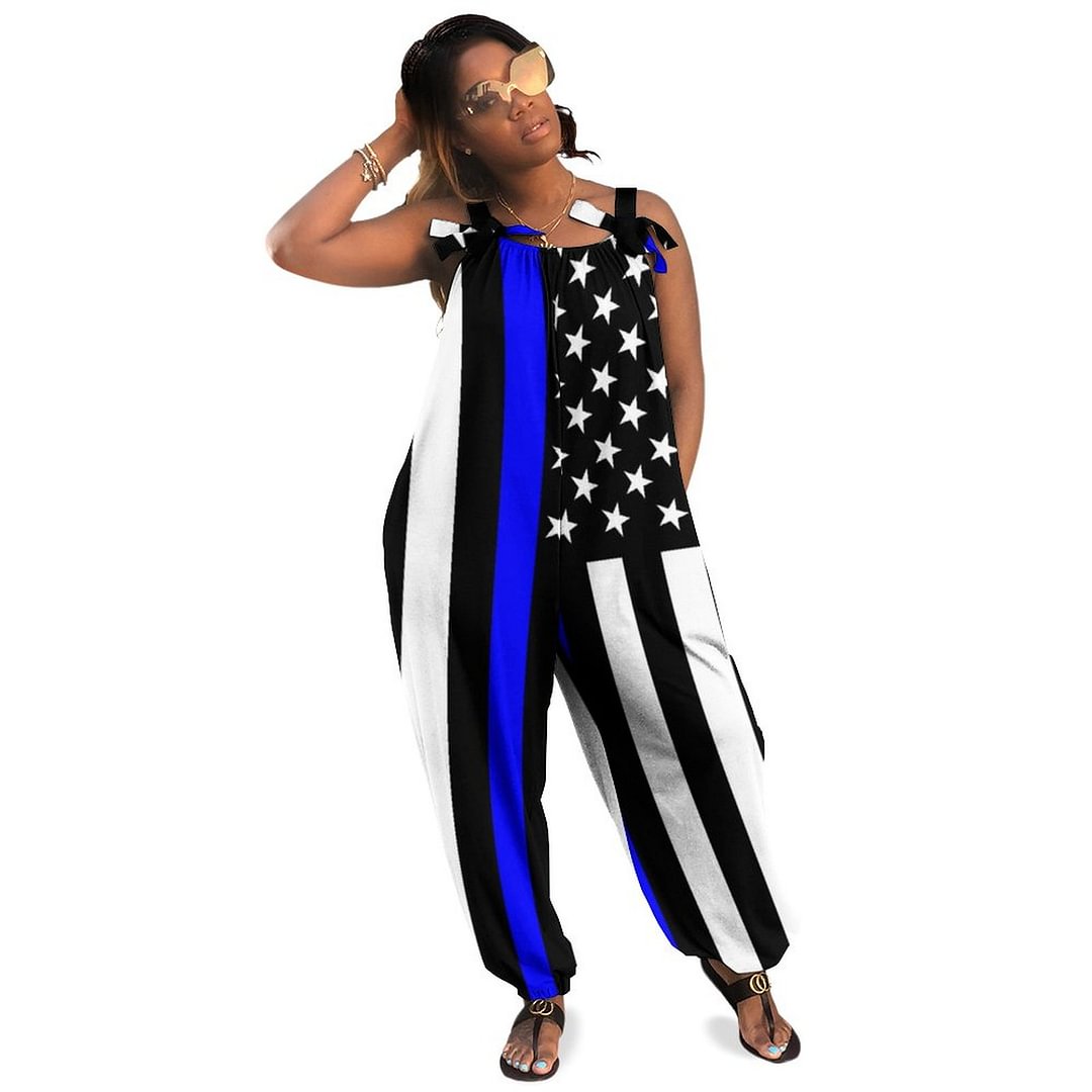 Thin Blue Line American Flag Graphic On Boho Vintage Loose Overall Corset Jumpsuit Without Top