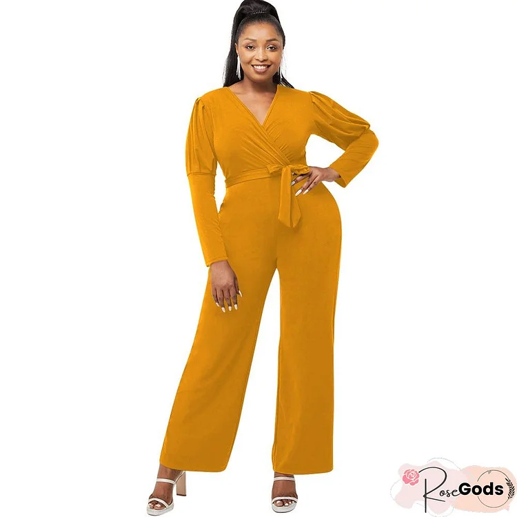 Autumn and Winter Solid Color V-Neck Bubble Sleeve Personalized Casual Wide Leg Jumpsuit