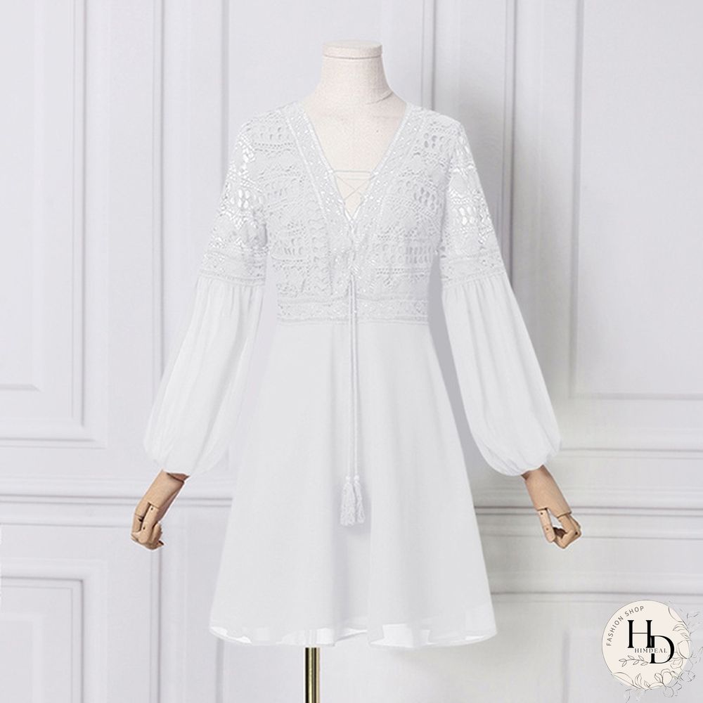 Womens Lace Stitching Lace Up Mini Dress Lantern Long Sleeve V Neck Evening Party Casual Loose Elegant A Line Dress Plus Size
