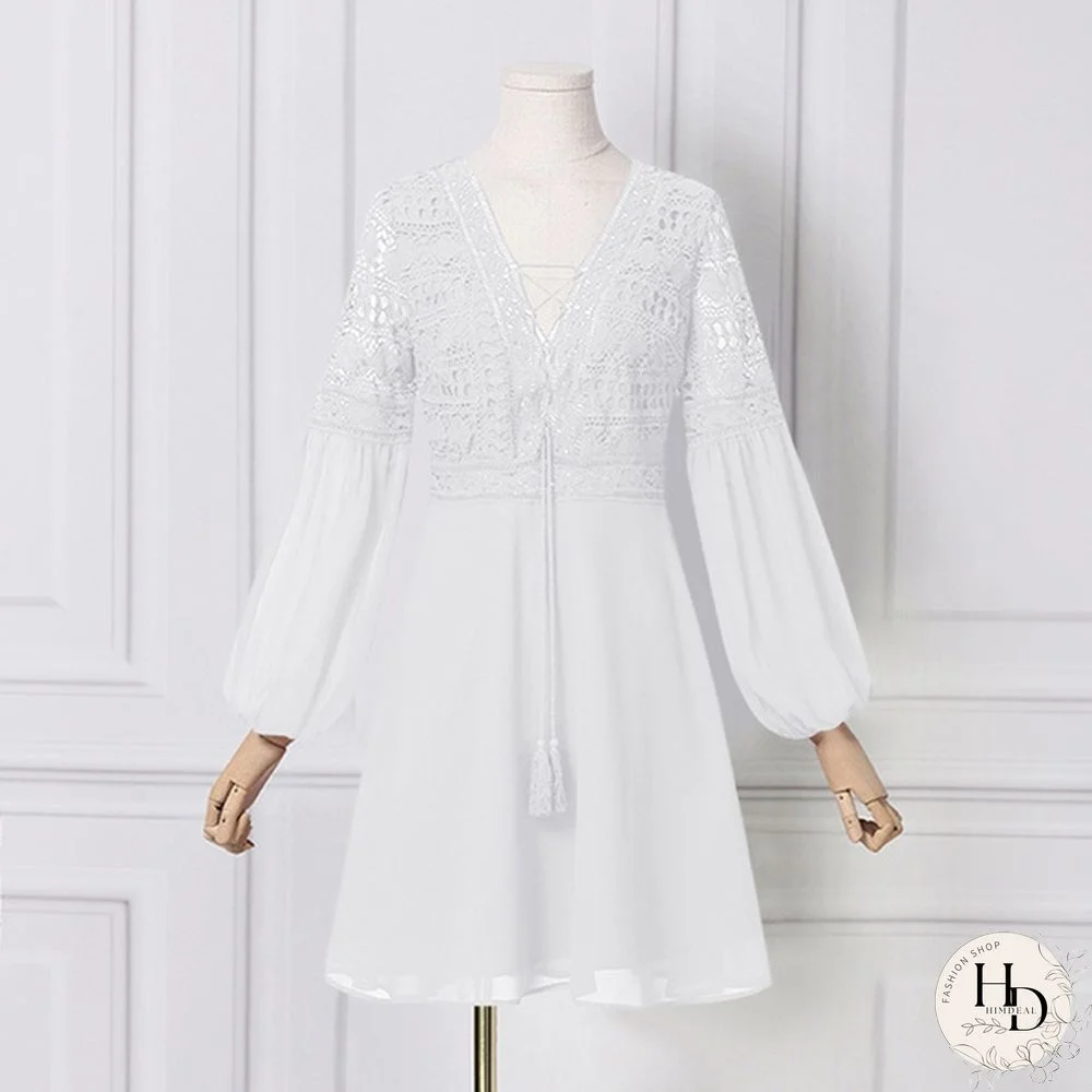 Womens Lace Stitching Lace Up Mini Dress Lantern Long Sleeve V Neck Evening Party Casual Loose Elegant A Line Dress Plus Size