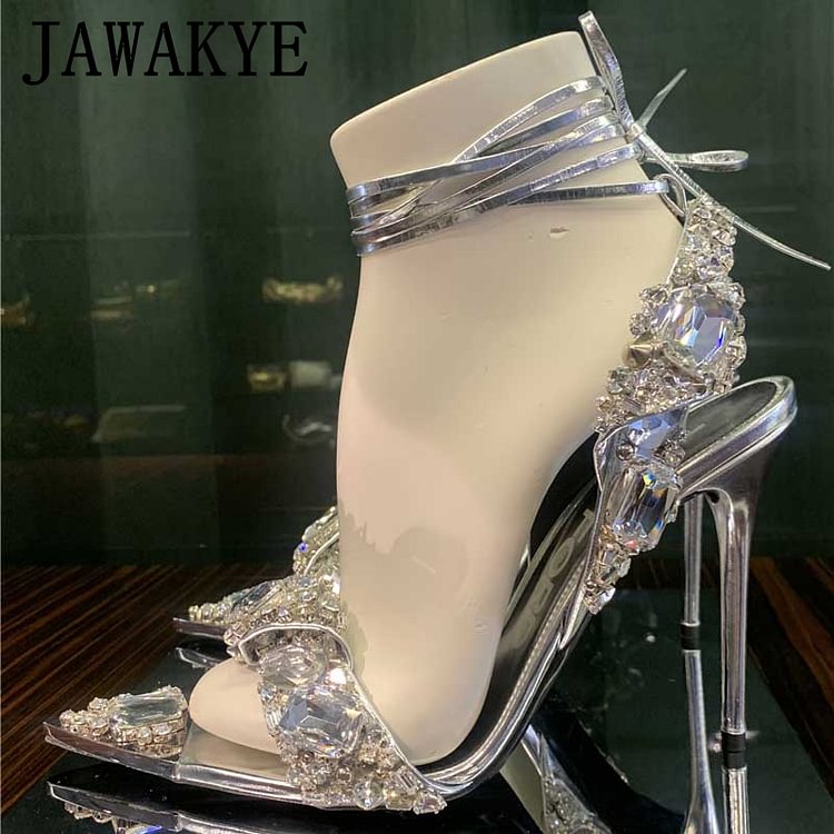 2022 New Runway Rhinestone Party Sandals For Woman Pointy Toe Crystal Ankle Lace Thin High Heel Shoes Gold Green Luxury Sandals