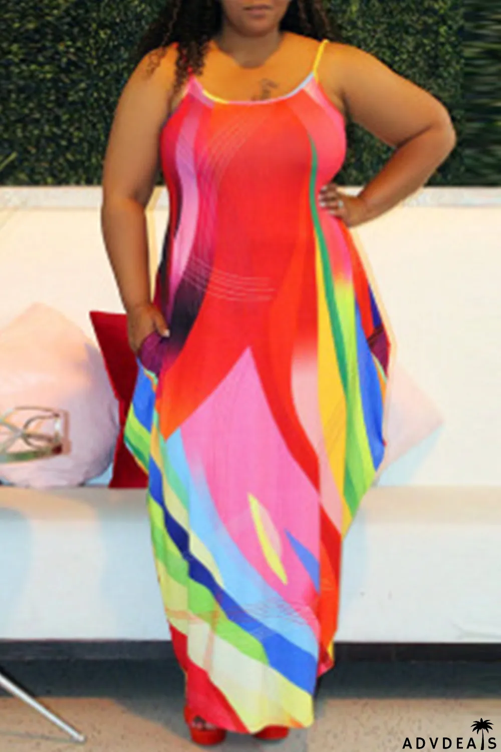 Red Fashion Sexy Print Backless Spaghetti Strap Sleeveless Dress