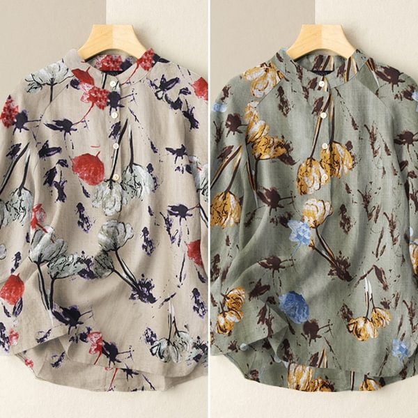 Womens Vintage Cotton Casual Loose Shirt Tee Floral Printed Tops Blouse T-Shirts Plus Size - Chicaggo