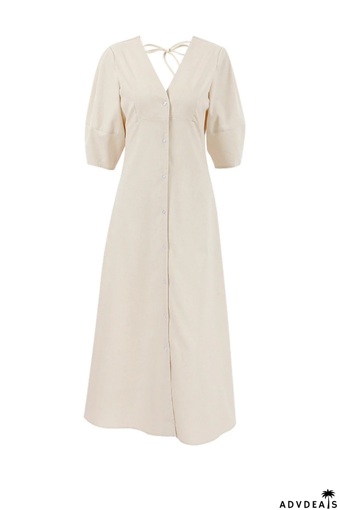 V Neck Single-breasted Cotton Linen A-line Dress